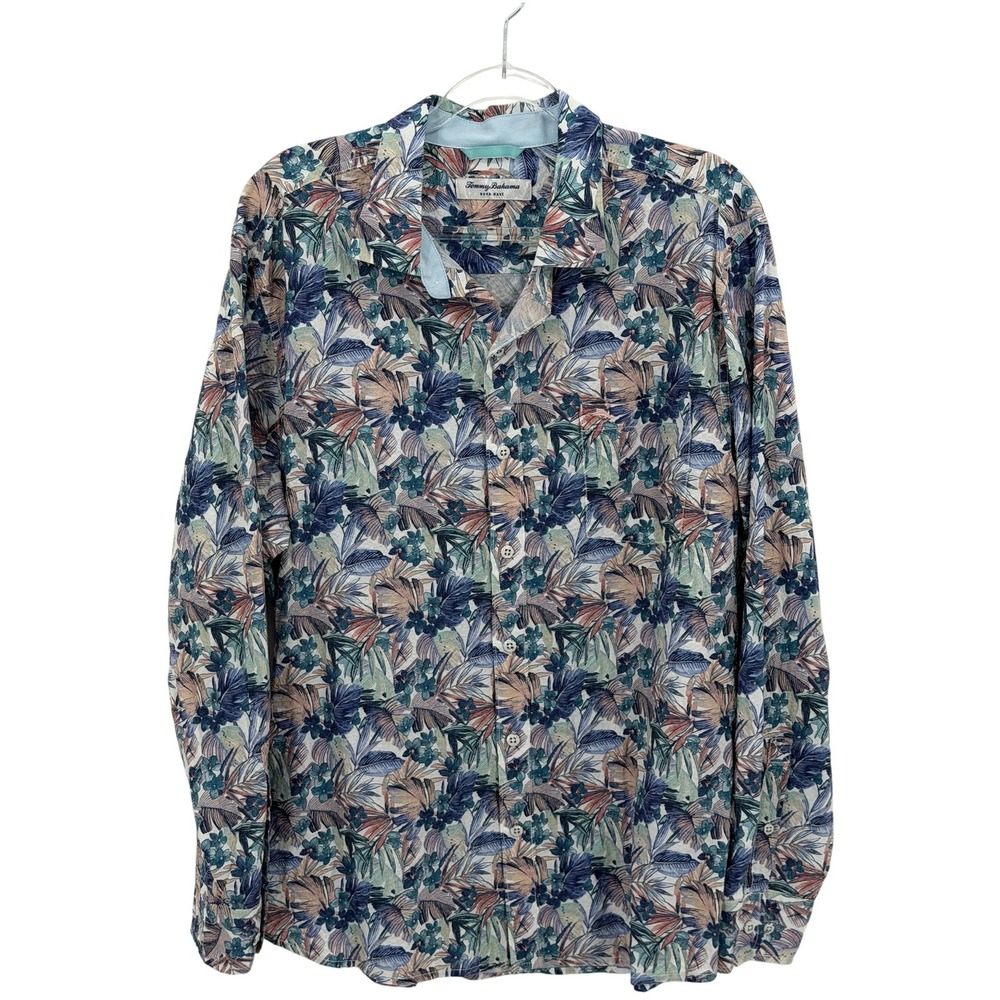 Tommy Bahama Shirt Mens Large Blue Nova Wave Floral Tropical Button Up Vacation
